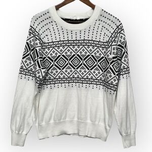 GAP Womens Medium Black White Fair Isle Geometric 100% Cotton Crewneck Sweater